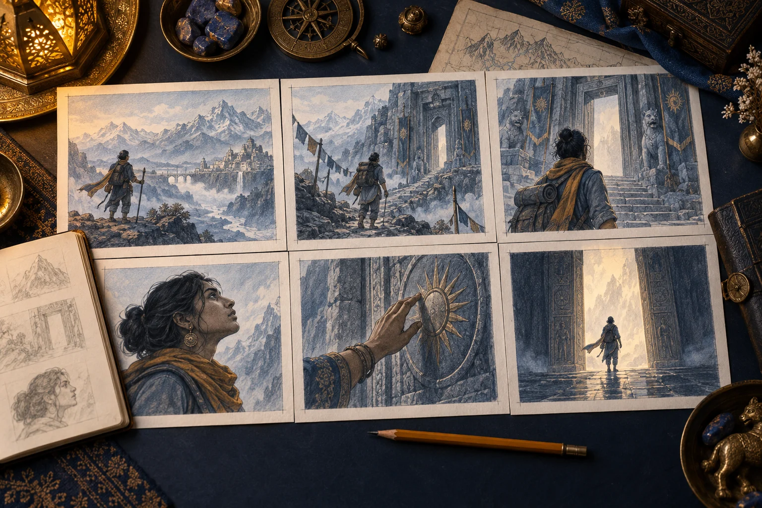 Storyboards exploring a character journey through a fantasy world